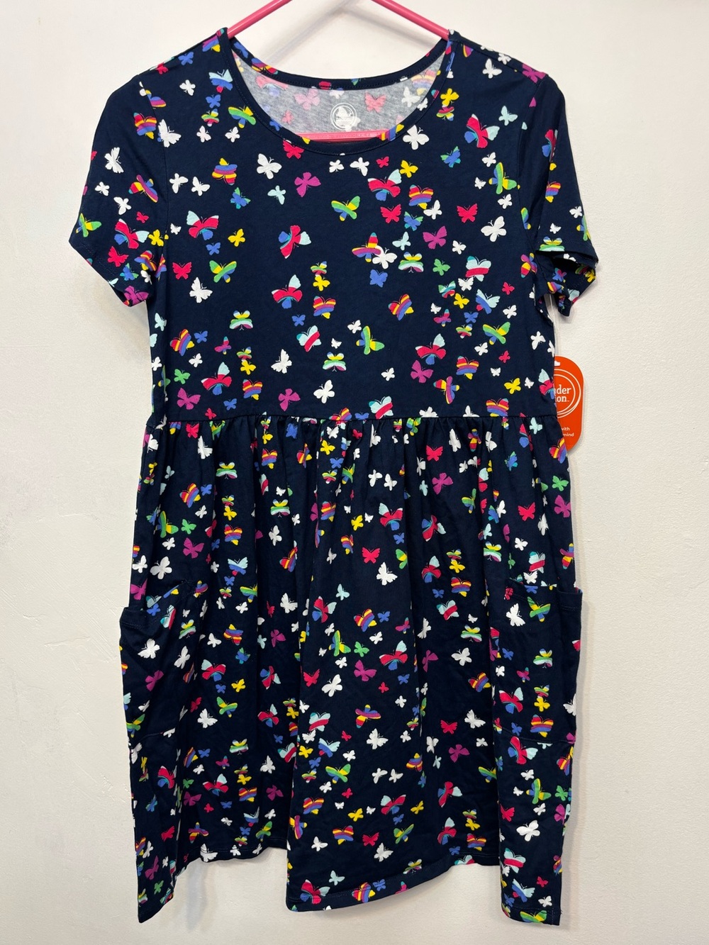 Wonder Nation Navy &Multicolor Butterfly Short Sleeve Dress Girls XL 14/16 NWT